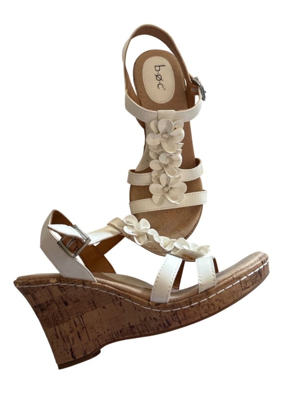 B.O.C White Floral Wedge Sandals Size 8M With Cork Heel And Adjustable Strap